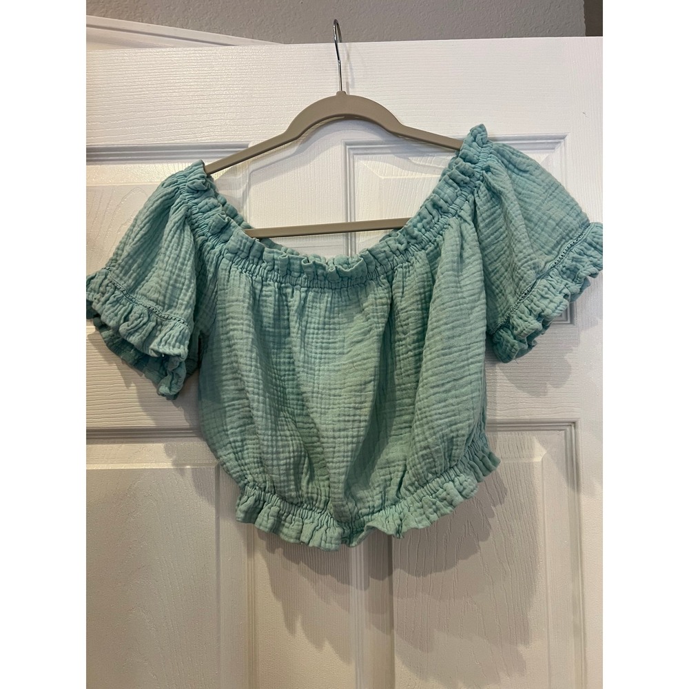 Ocean Drive Crop Top 100% Cotton Gauze Off Shoulder Aqua Blue  Sz L Boho Whimsy